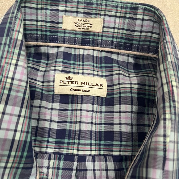 [L]Peter Millar Crown Ease Navy and White Checkered Cotton Button Shirt - Picture 3 of 6